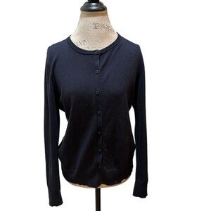 Loft (Ann Taylor) Sz. L Navy Blue Button-Up Cardigan w Leaf Pattern Back